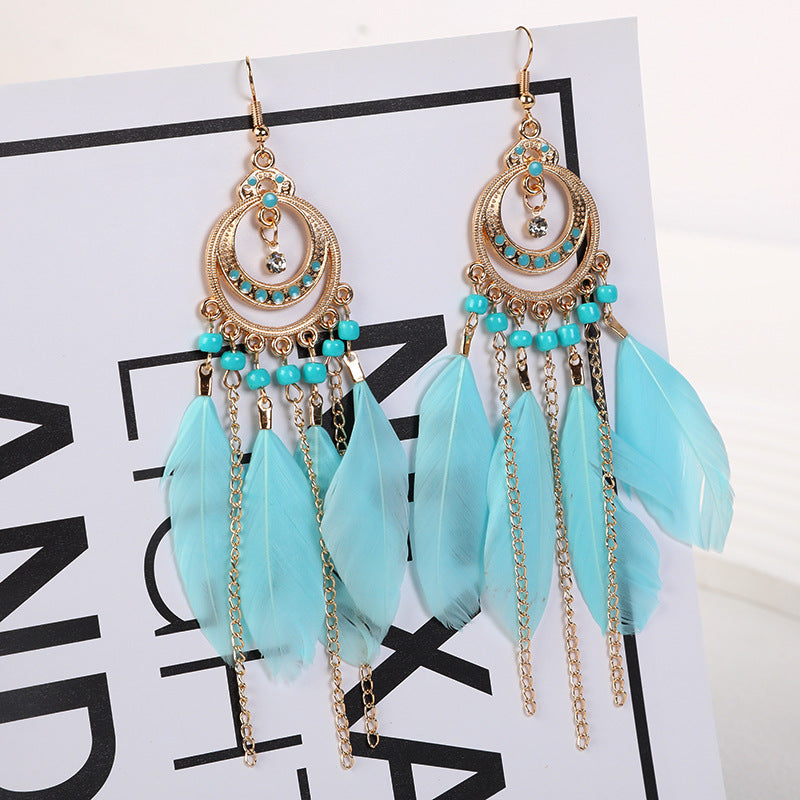 Women's Water Drop Ethnic Feather National Style Earrings