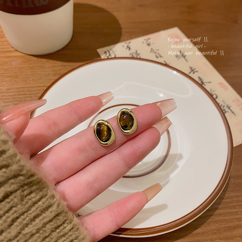 Sier Needle Tigereye Female Advanced Design Sense Stud Earrings