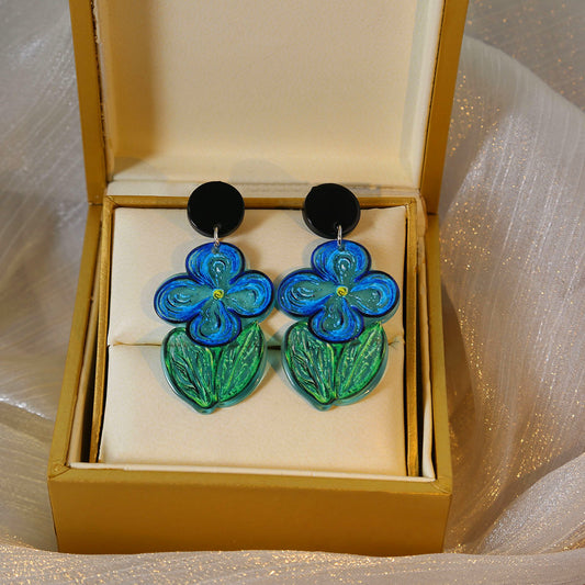 Painting Blue Flower Simple Fresh Mori Style Iti Earrings
