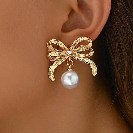 Women's Korean Style Bowknot Personalized Inlaid Pearl Design Ear Earrings