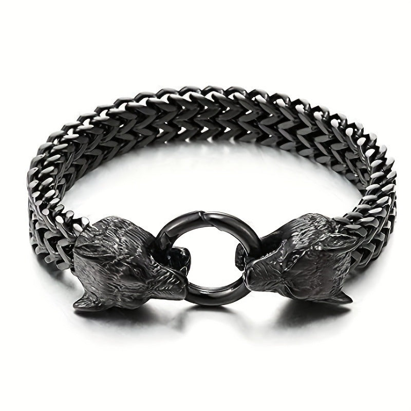 Stainless Steel Retro Personalized Viking Wolf Head Bracelet