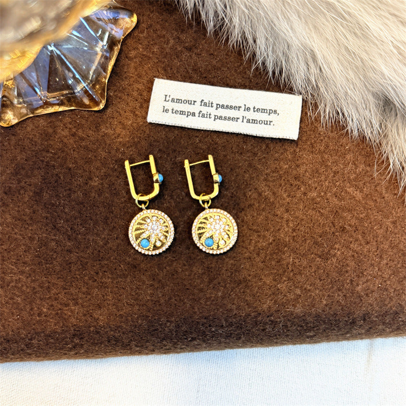 Style Micro Inlaid Turquoise Light Luxury Ancient Temperament Ear Clip Earrings
