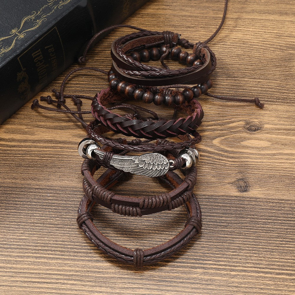 Men's Combination Vintage Leather Carrying Strap Wings Alloy Bracelets