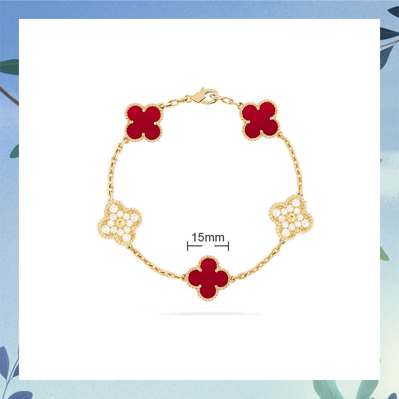 Women's Four-leaf Clover Rose Gold Red Agate Black White Shell Flower Bracelet