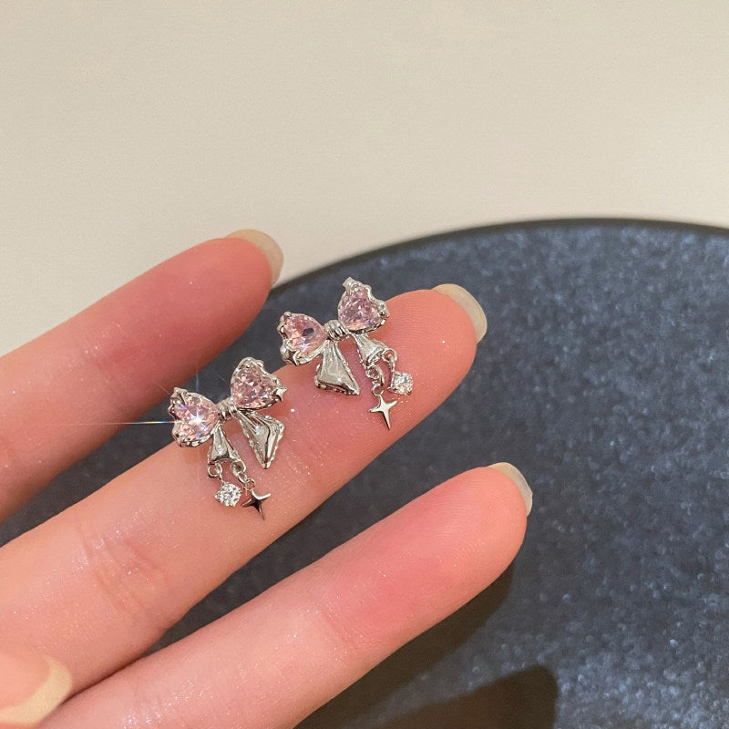 Light Luxury Bow Artificial Zircon Female Ear Clip Niche Earrings