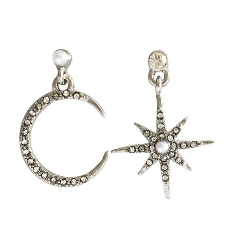 Sier Needle Creative Hot Personality Asymmetric Style Moon Fashion Ear Earrings