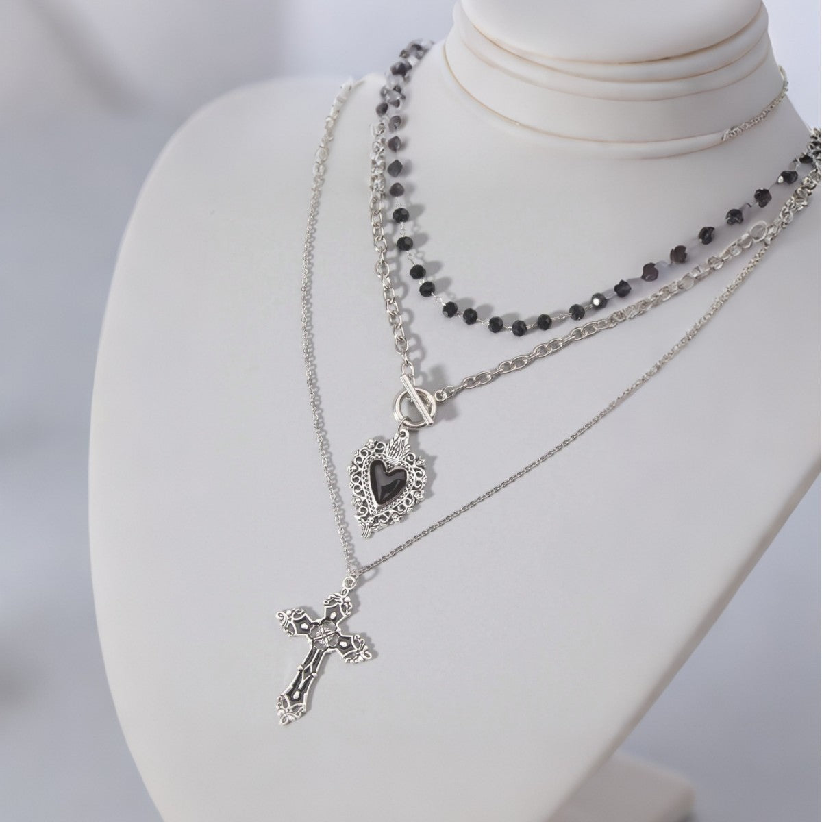 Women's Gothic Style Cross Heart Fashion Twin Clavicle Necklaces