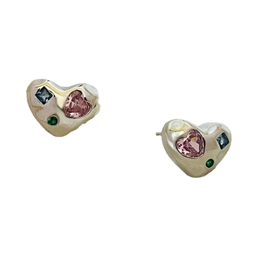 Wind Contrast Color Love Heart-shaped Zircon Niche Personality Earrings