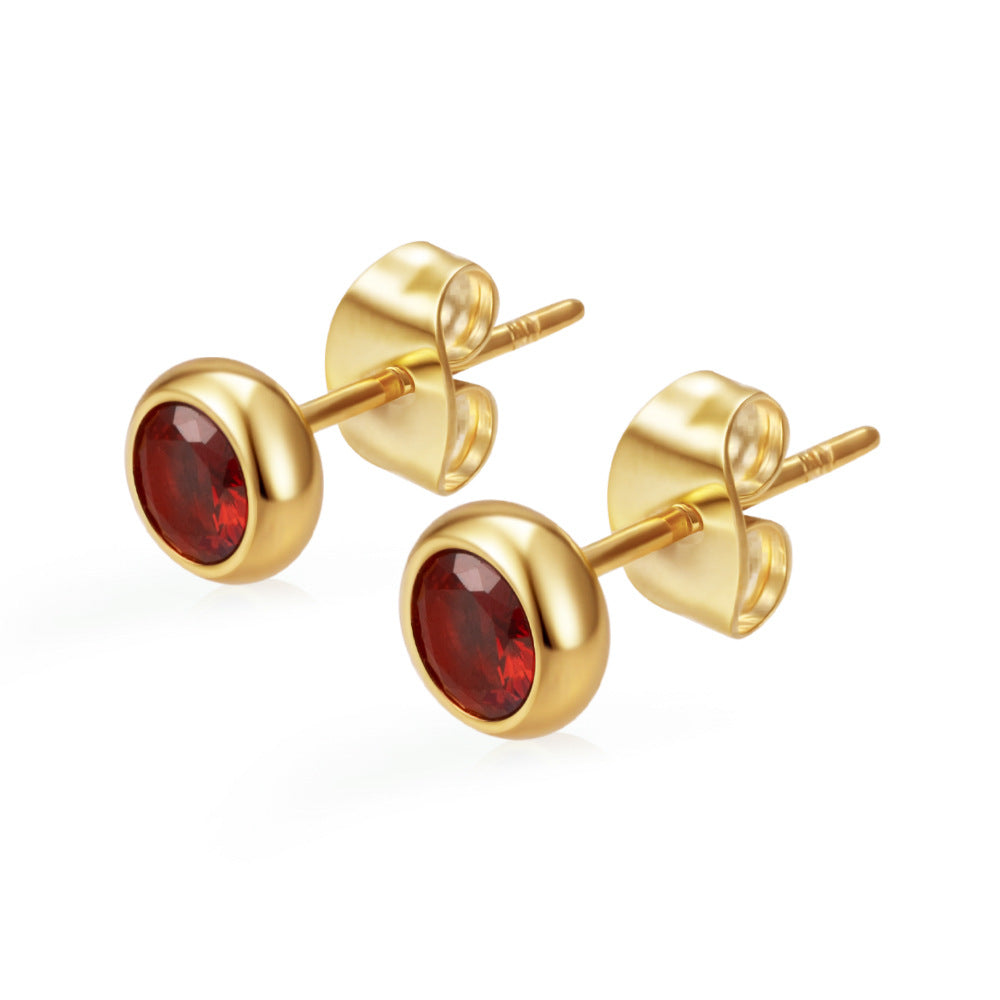 Women's Round Stainless Steel Zircon Trendy Versatile Real Gold Stud Earrings