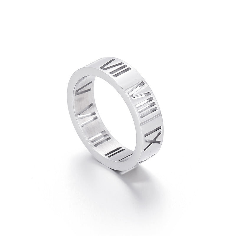 Women's Ornament Titanium Steel Hollow Roman Numerals Rings