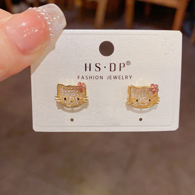Versatile Full Diamond Kitten Ear Temperament Entry Lux Small Simple Earrings