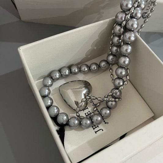 Women's Hollow Love Gray Boutique Pearl Sweater Necklaces