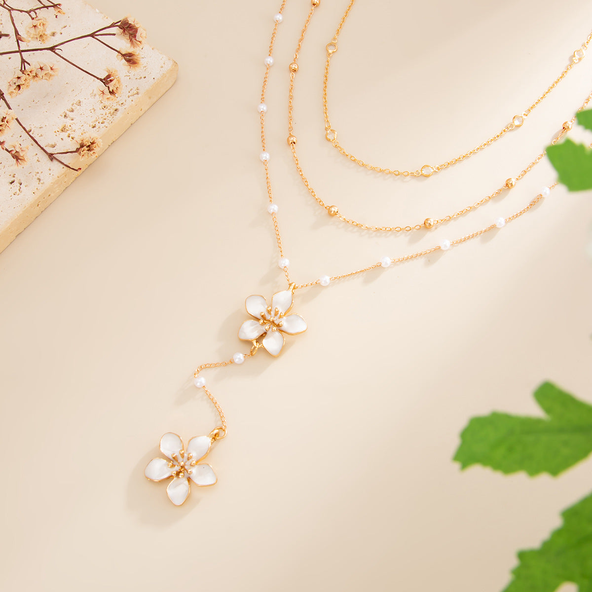 Women's Twin Thin Chain Glaze Flowers Y-shaped Tassel Necklace