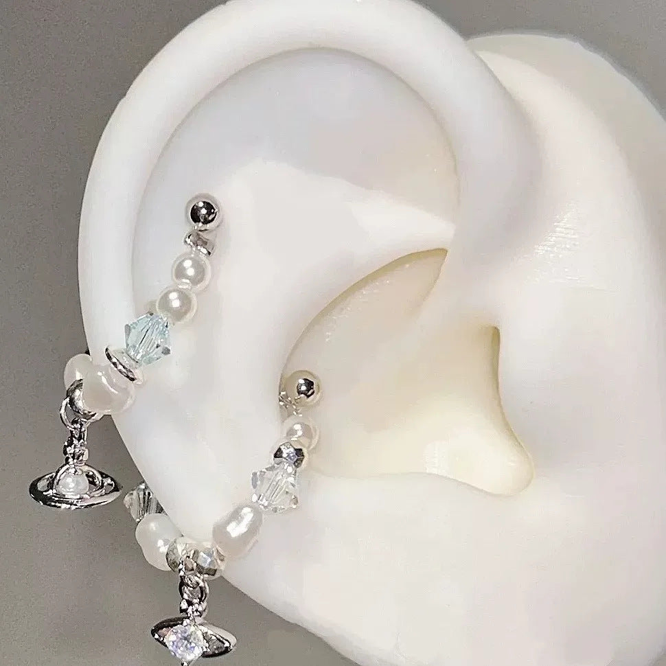 Women's Sier Round Simple Inlaid Saturn Pearl Titanium Steel Screw Ear Earrings