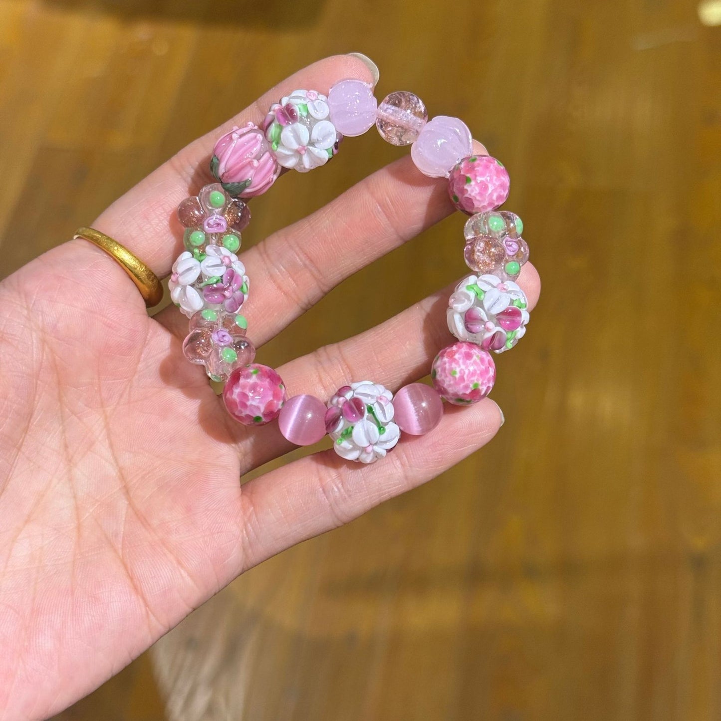 Embroidered Ball Glass Single With Pink Lotus Female Bracelet