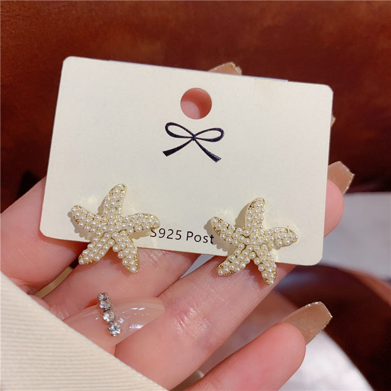 Women's Pearl Starfish Sier Needle Elegant Wild Earrings