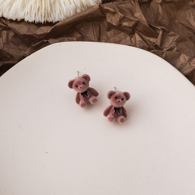 Cute Flocking Bow Bear Ear Cartoon Young Stud Earrings