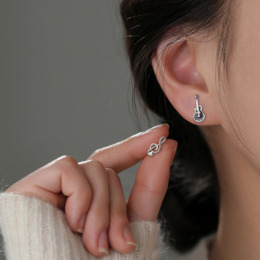 Women's Small Single Diamond Asymmetric Violin Musical Stud Earrings