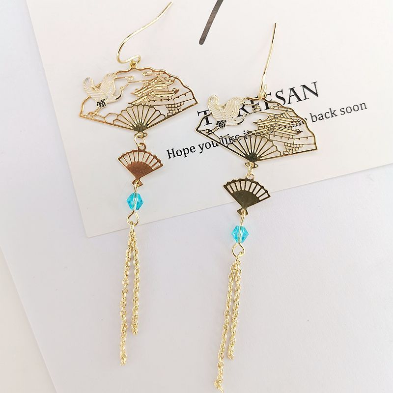 Women's Chinese Style Lucky Long Fringe Fashion Geometry Pattern Fan-shaped Ear Earrings