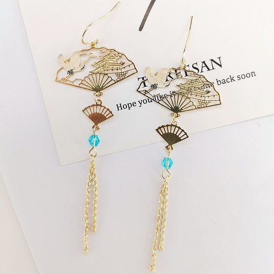 Women's Chinese Style Lucky Long Fringe Fashion Geometry Pattern Fan-shaped Ear Earrings