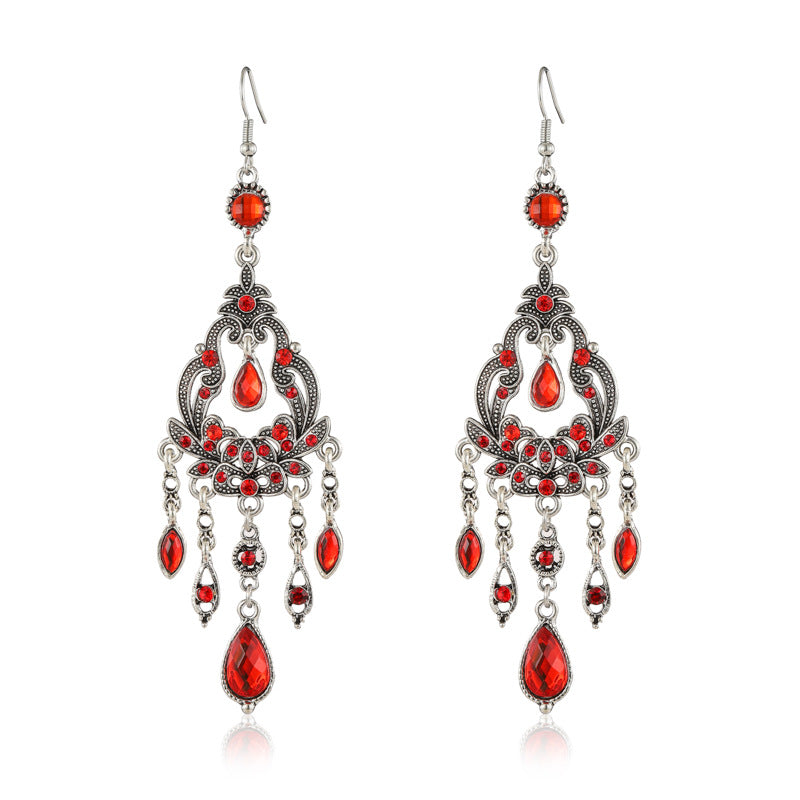Smoky Rain Daisy Long Chinese Style Jeweled Texture Drop-shaped Earrings