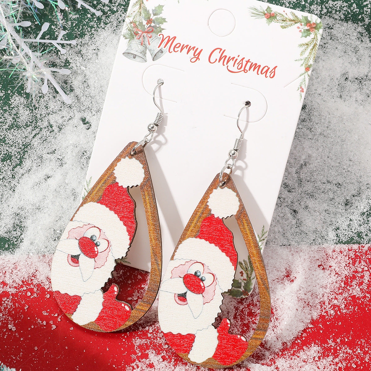 Creative Cartoon Cute Hollow Santa Claus Elk Wooden Earrings