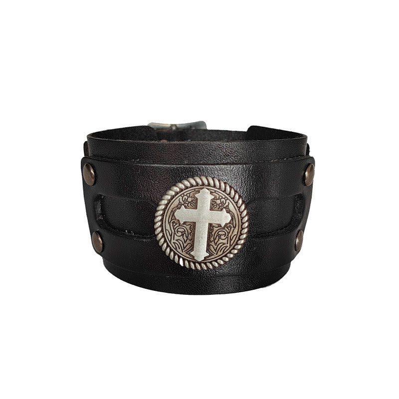 Men's Popular Punk Cattle Leather Cross Wide Bracelets