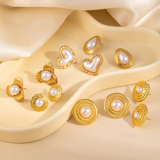 Steel Flower Heart Pearl Female Light Luxury Minority Water Stud Earrings