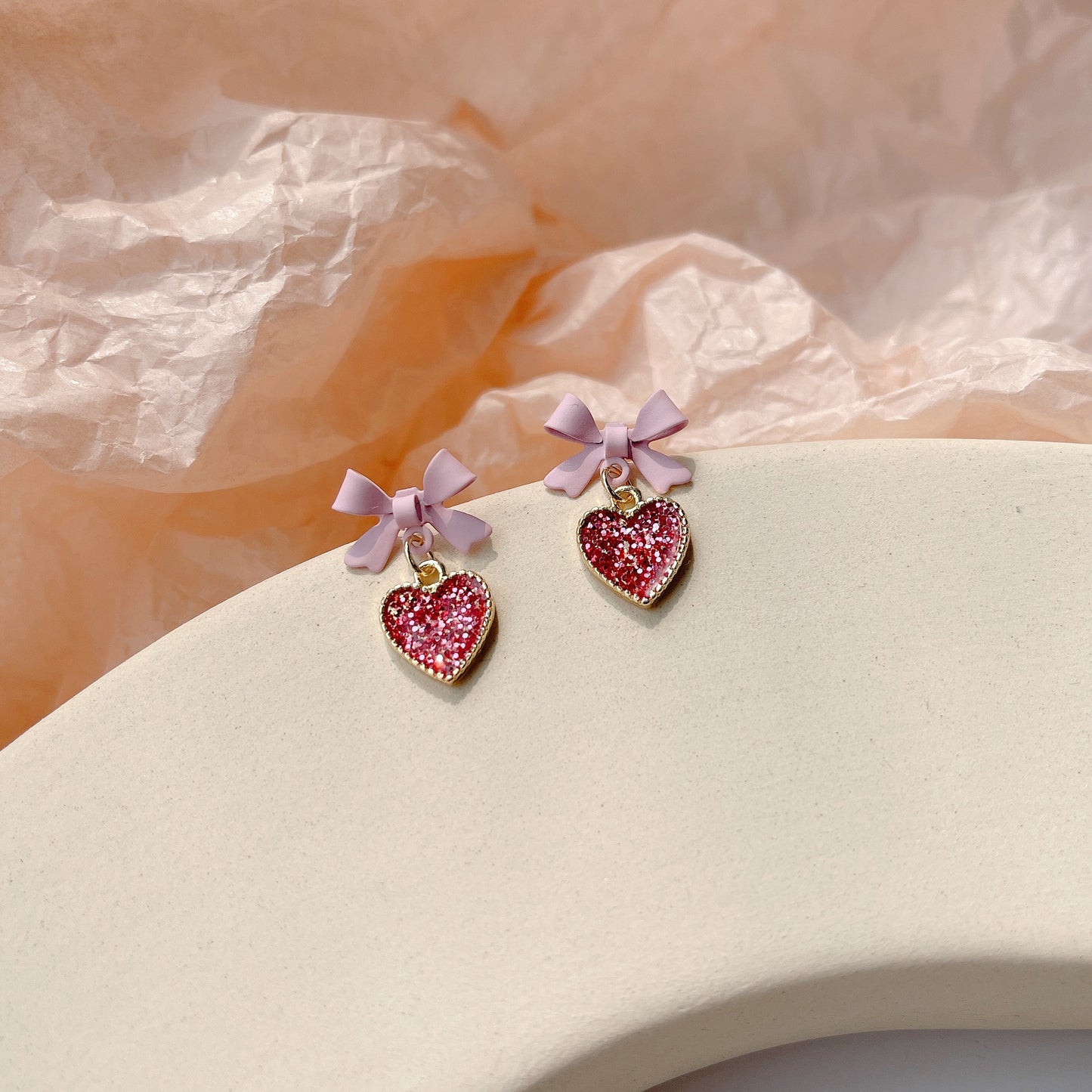 Women's Red Heart-shaped Enamel Girlish Style Bow White Earrings