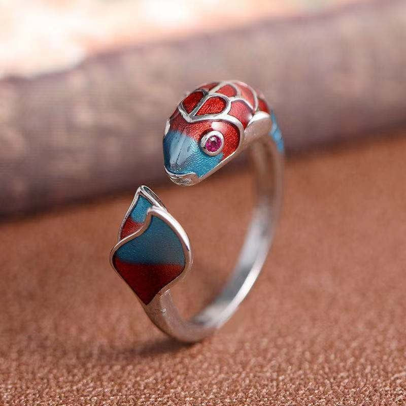 Enamel Color Auspicious Gradient Lucky Koi Chinese Ring