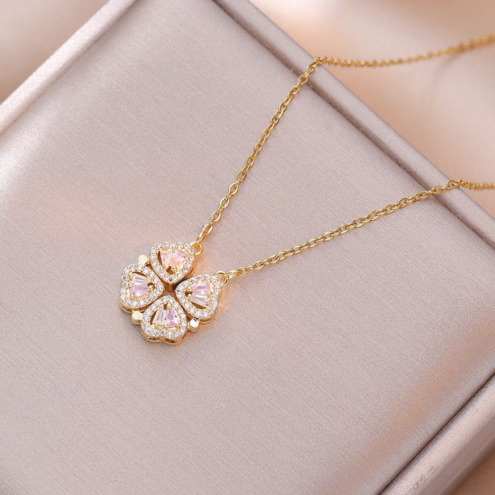 Women's Steel Cross Chain Open Close Four-leaf Flower Necklace