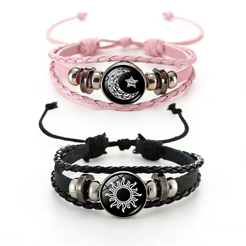 Sun Moon Lovers Time Stone Leather Unisex Woven Couple Gift Bracelet