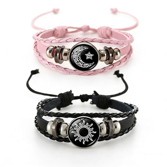Sun Moon Lovers Time Stone Leather Unisex Woven Couple Gift Bracelet