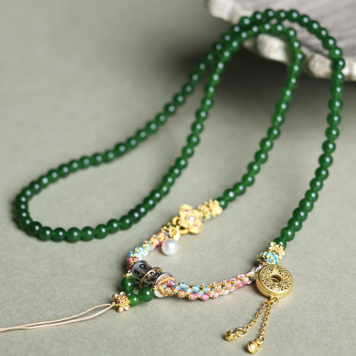 Tibetan Handmade Braided Rope Beeswax Jade Necklaces