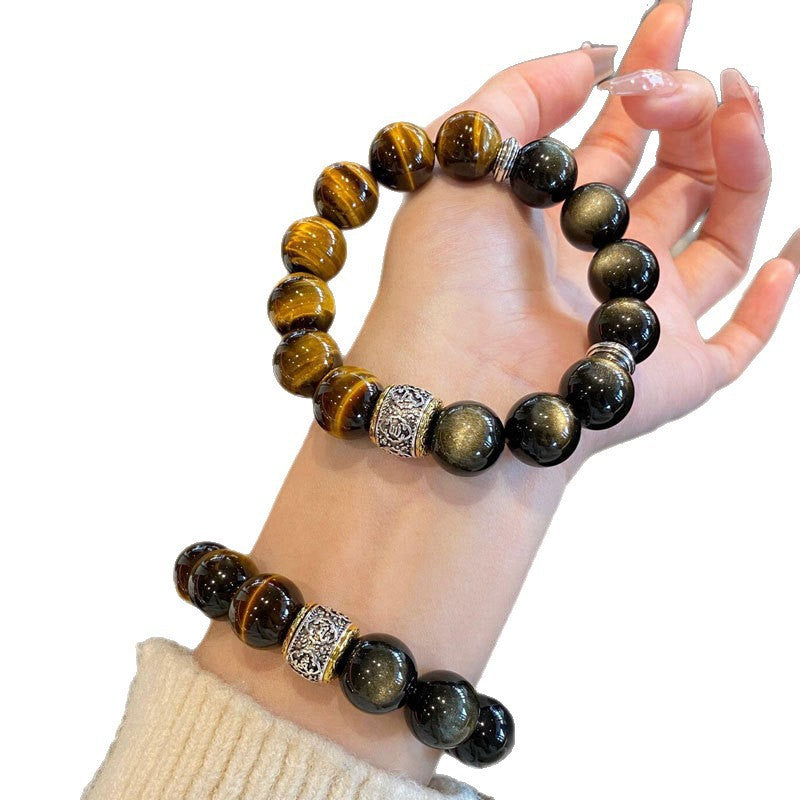 Men's Tigereye Gift Husband Obsidian Gold Crystal Bracelet