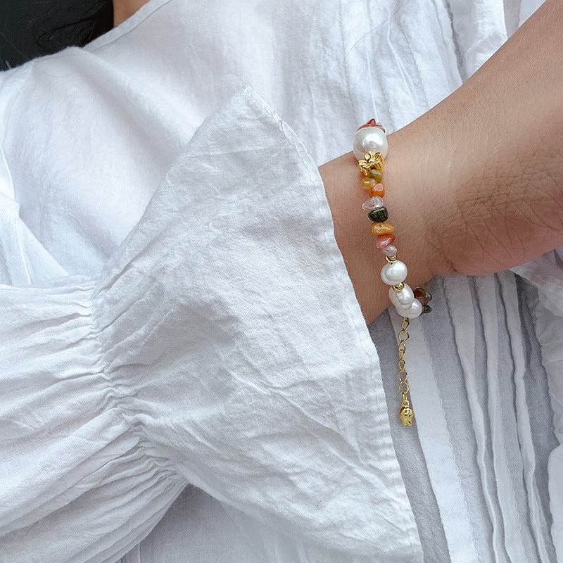 Artistic Oriental Style Natural Stone Pearl Small Flower Autumn Color Bracelet