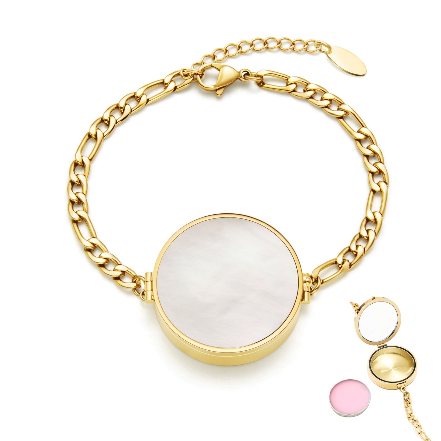 Women's Lip Balm Storage Pill Stainless Steel White Shell Titanium Bracelet