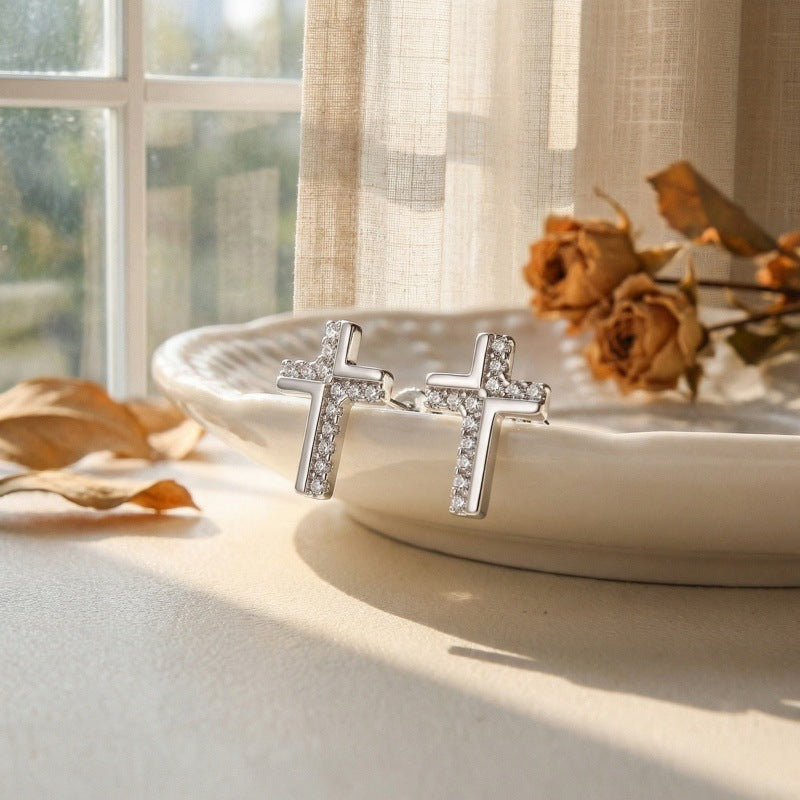 Simple Female Cross Inlaid Zirconium Temperament Earrings