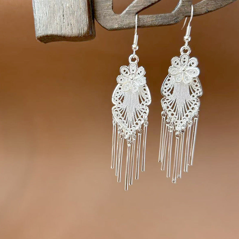 Sier Ethnic Style Peacock Retro Ear Hook Vintage Scenic Spot Earrings