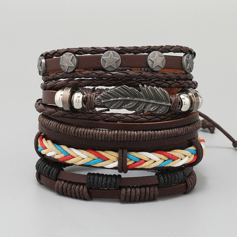 Simple Weave Vintage Leather Accessories Set Bracelets