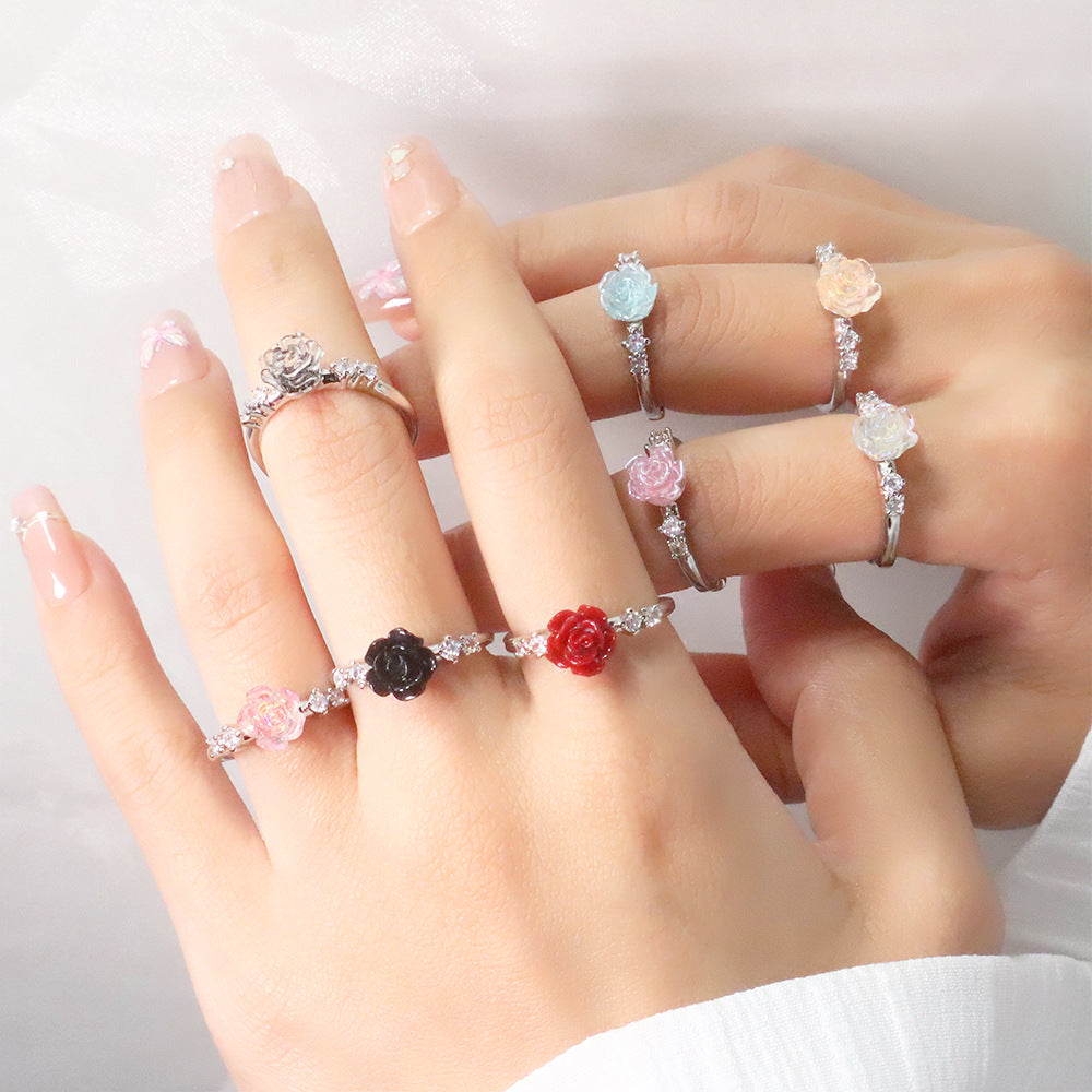 Selection Camellia Light Luxury High Sense Refined Rhinestone Colorful Rose Ring