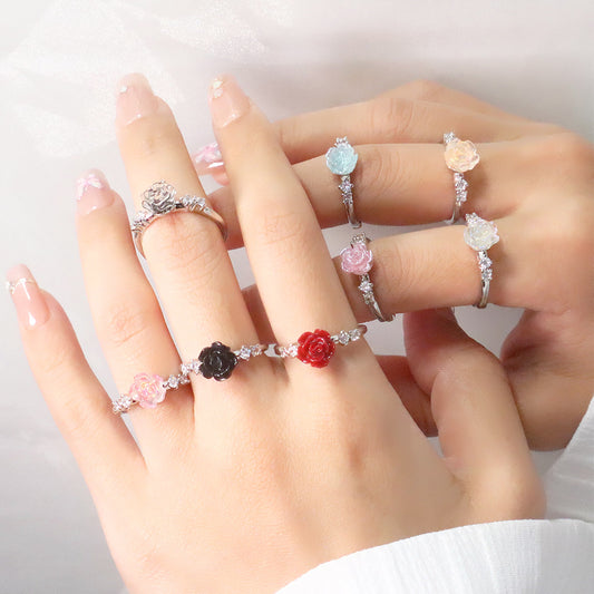 Selection Camellia Light Luxury High Sense Refined Rhinestone Colorful Rose Ring