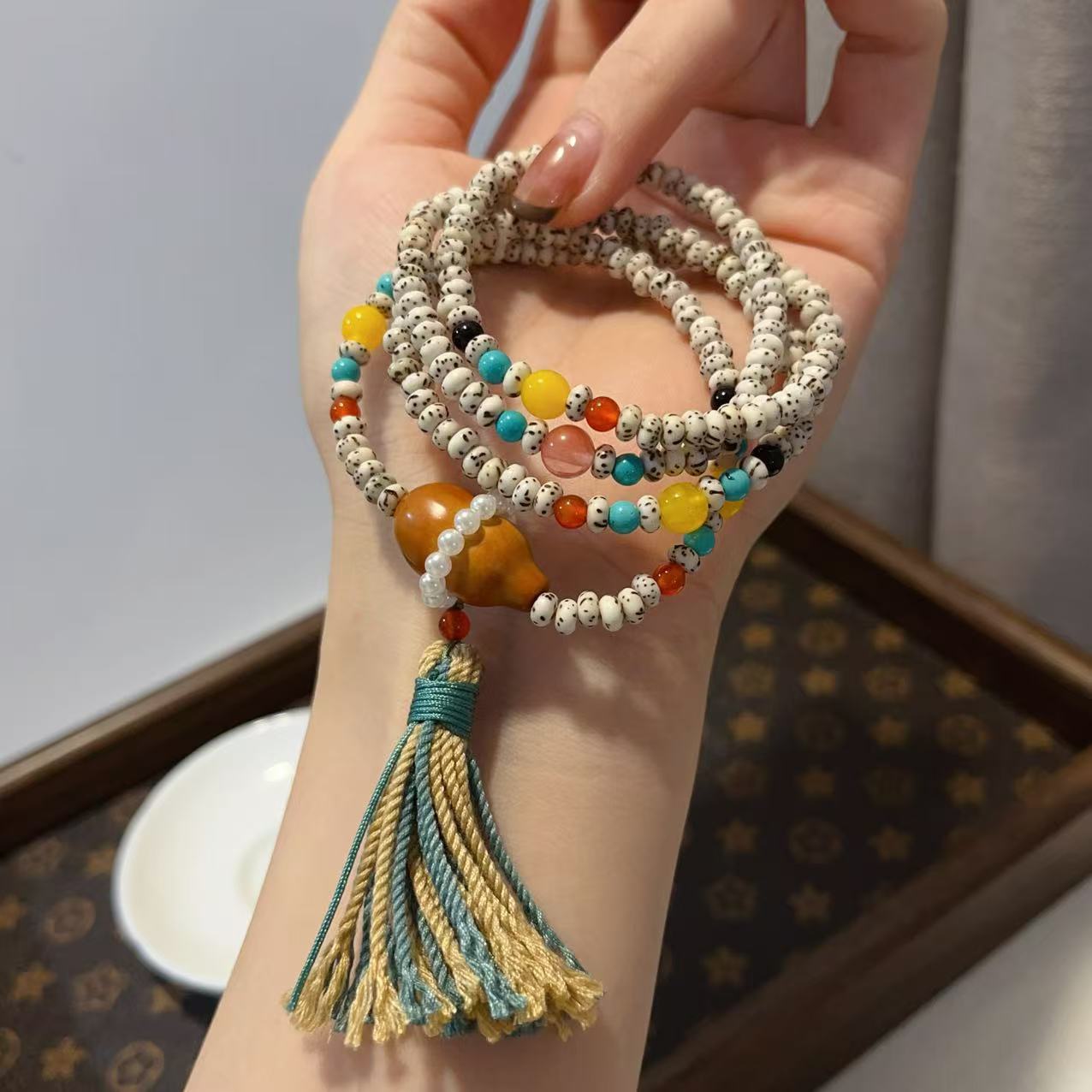 Mini With Natural Olive Gourd South Red Beeswax Green Gold Bracelet