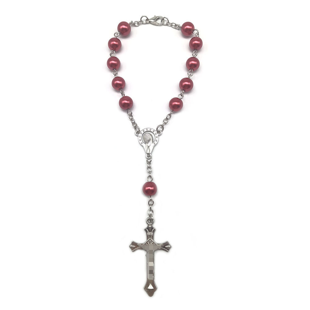 Artificial Glass Pearl Rosary Zinc Alloy Cross Beaded Bracelet