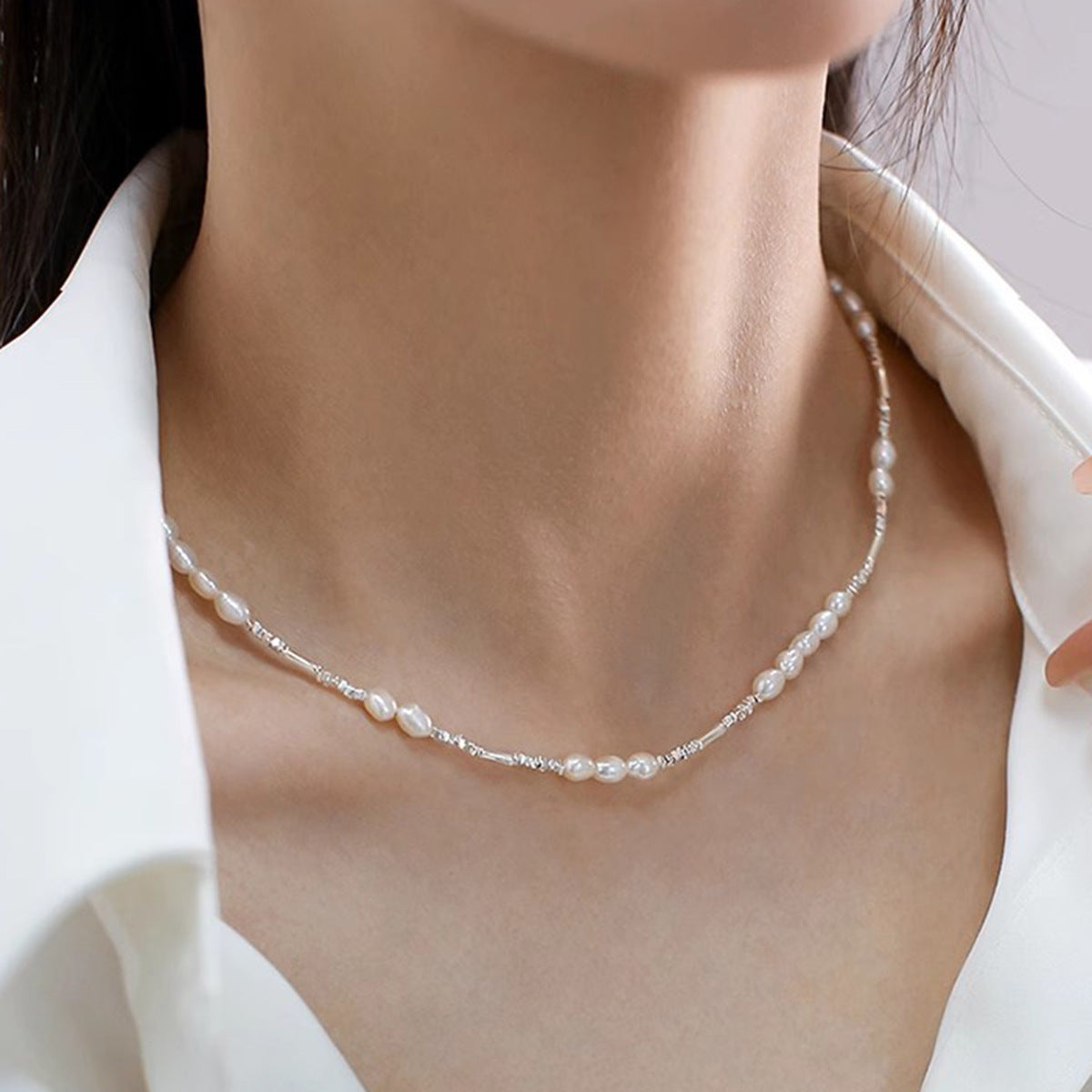Women's Rice Grain Freshwater Pearl Simplicity Fashion Temperament Design Clavicle Chain Necklace