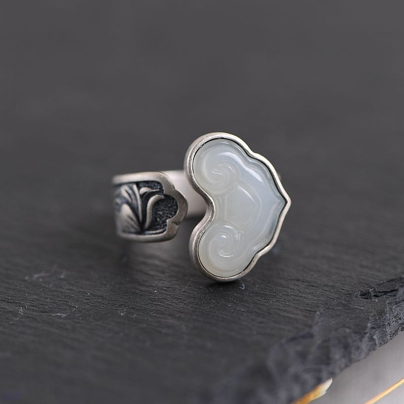 Women's Sterling Sier Handmade Retro Exaggerated Ethnic Style Jade Index Rings