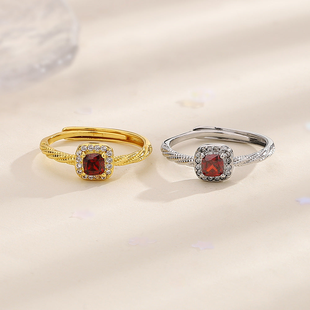 Square Red Zircon Cube Sugar Affordable Luxury Style Twist Female Ring