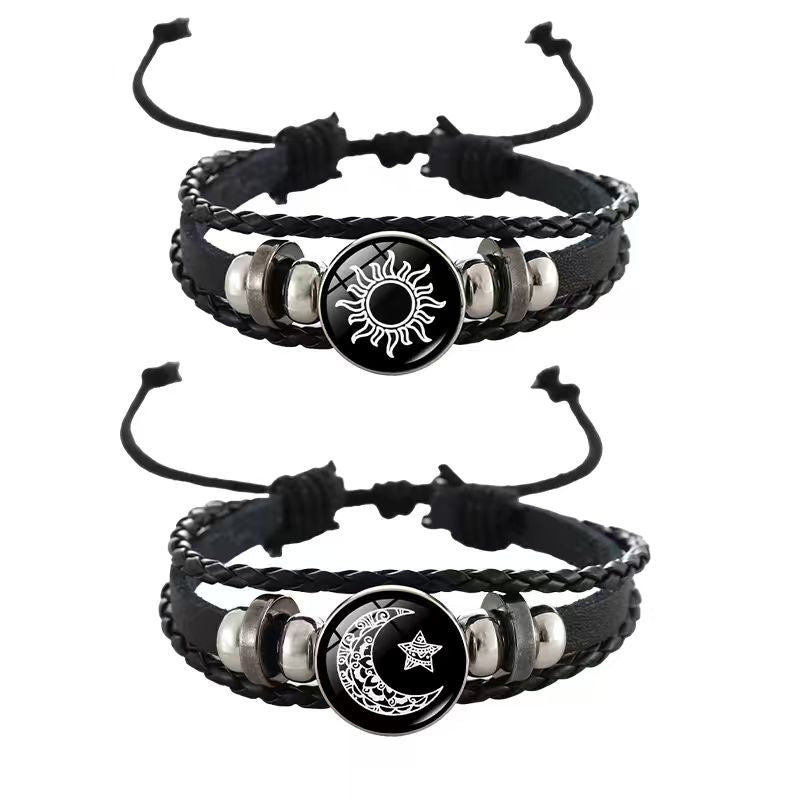 Sun Moon Lovers Time Stone Leather Unisex Woven Couple Gift Bracelet