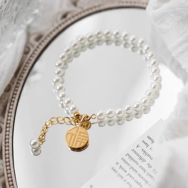 Titanium Steel Blessing Card Pearl Tassel Advanced Cold Bracelet