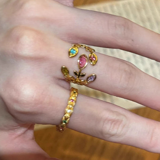 Flower Branch Open Female Twin Twist Weave Imitation Gold Index Ring